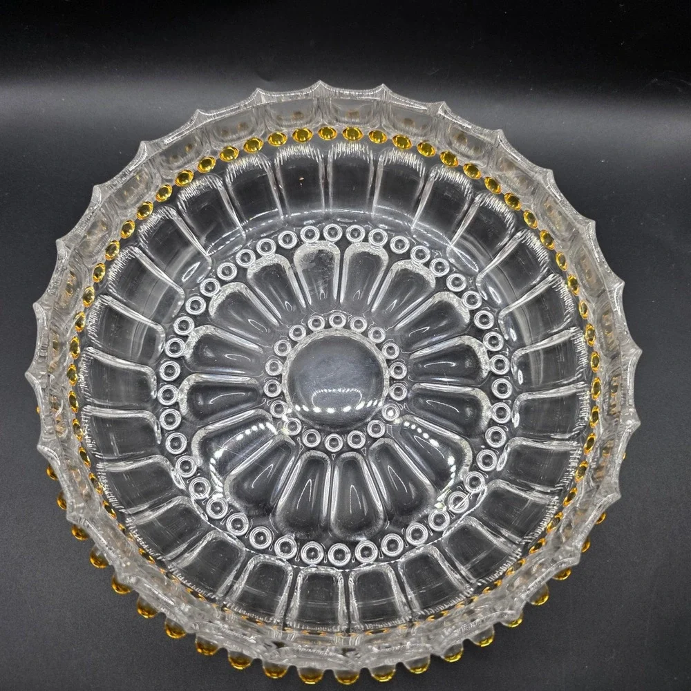 Vintage Pressed Glass Bowl Scalloped Edge Amber Bead Trim Clear Centerpiece 8.5